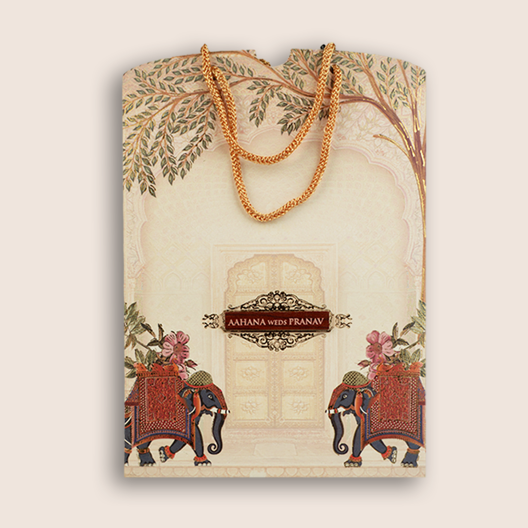 Cream Elephant Bag Style Wedding Card - KVN06330