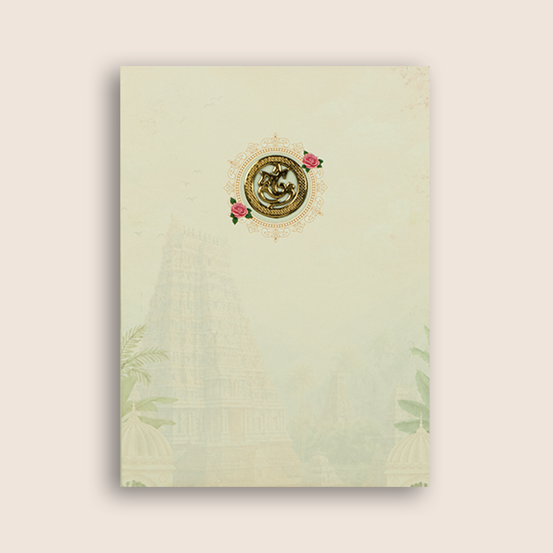 White Lord Karthikeya Temple Door Style Wedding Card - KNAR2410