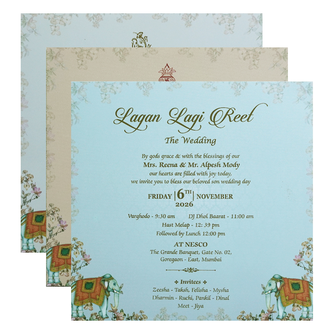 Pastel Blue Elephant Door Padded Wedding Card - KVN07540