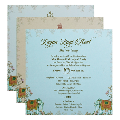 Pastel Blue Elephant Door Padded Wedding Card - KVN07540