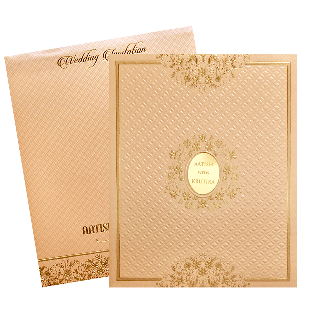 Orange Gold Embossed Floral Padded Wedding Card-KMMWD1136