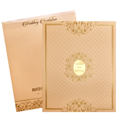 Orange Gold Embossed Floral Padded Wedding Card-KMMWD1136