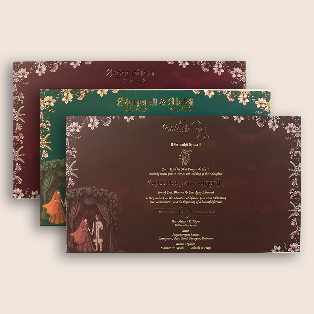 Brown Embossed Floral Bride Groom Padded Wedding Card - KVN07930