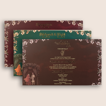 Brown Embossed Floral Bride Groom Padded Wedding Card - KVN07930