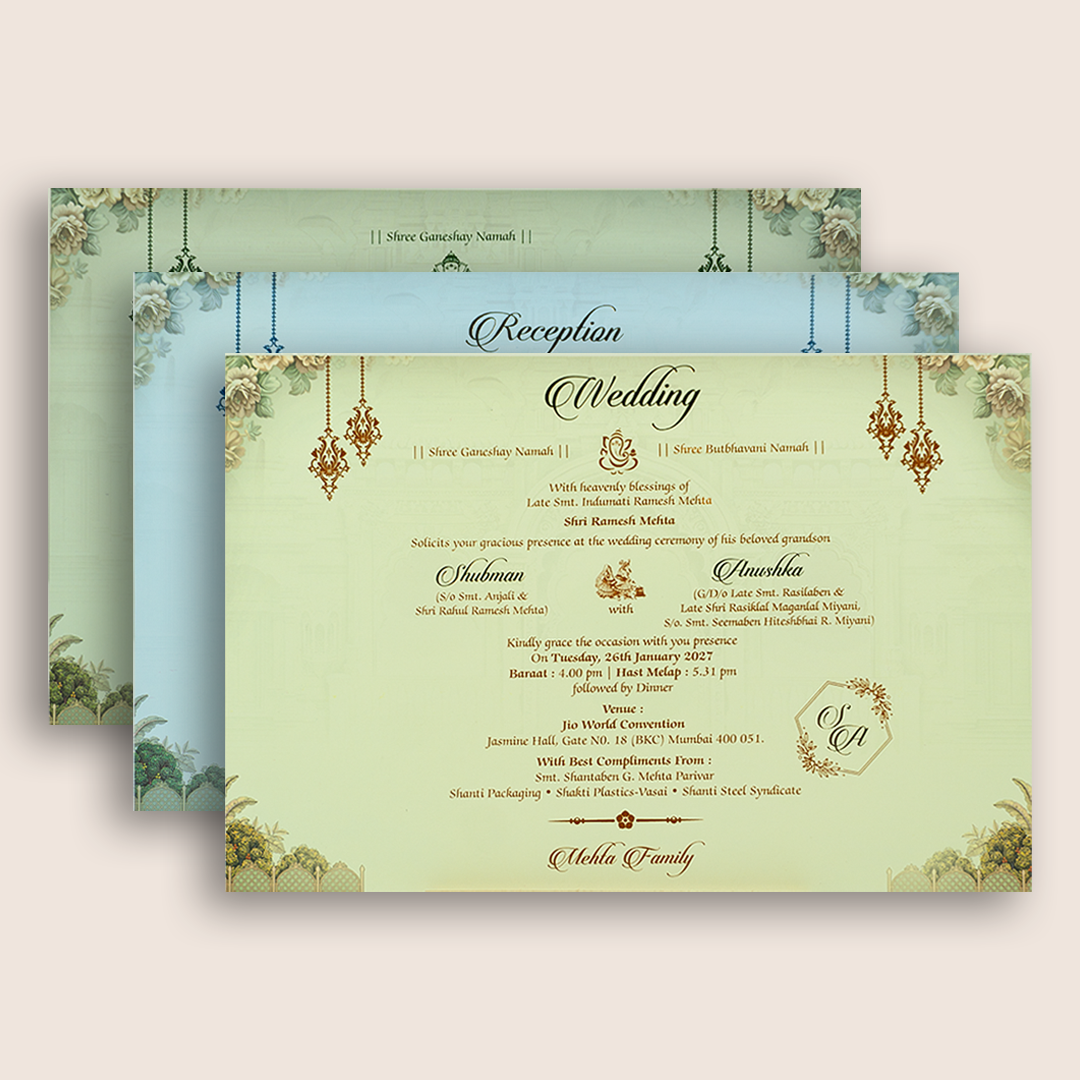 Teal Green Royal Elephant Jharokha Laser Cut Padded Wedding Card - KRB09920