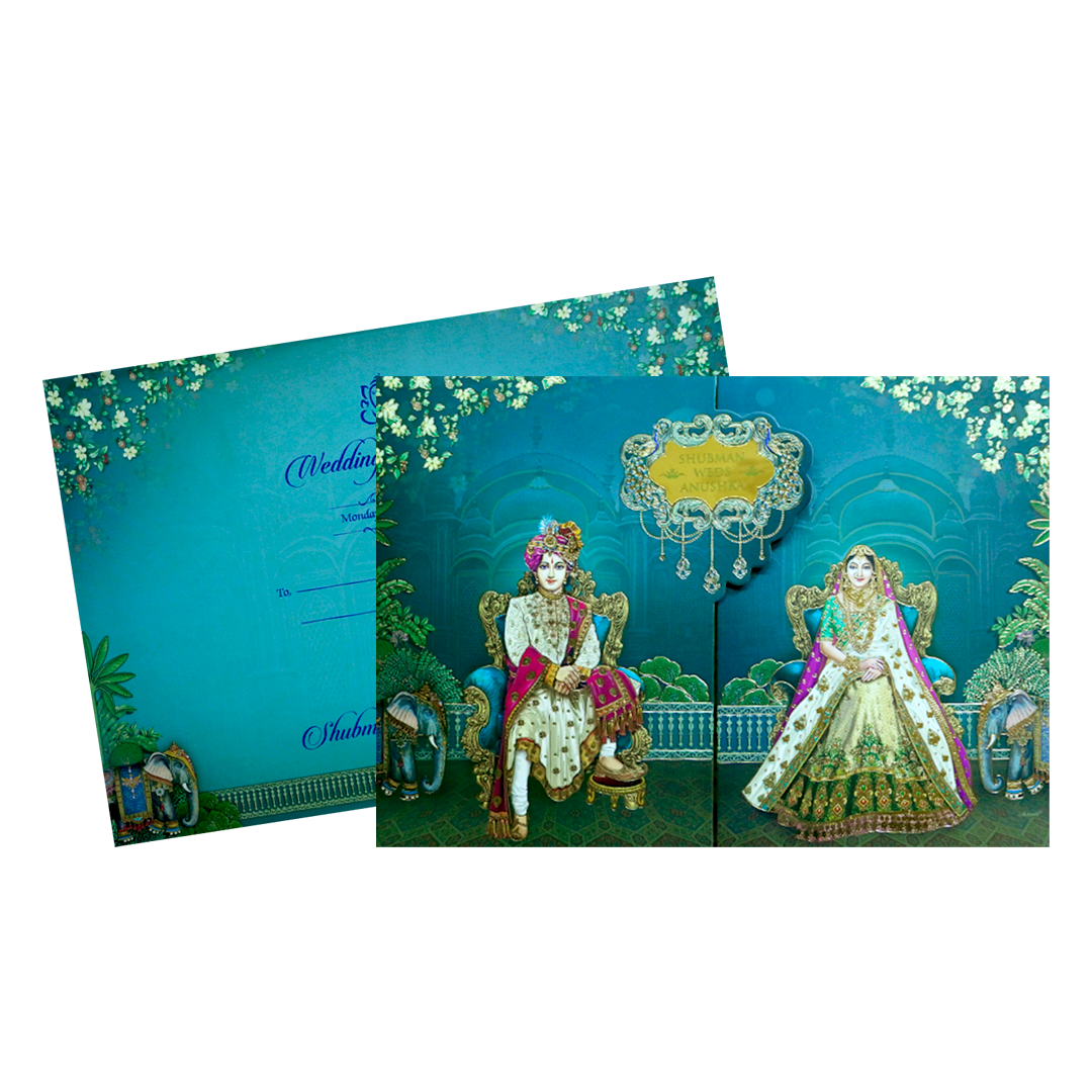 Royal Teal Bride and Groom Gold Foil Wedding Invitation Card-KRB09070