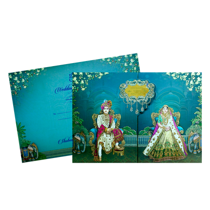 Royal Teal Bride and Groom Gold Foil Wedding Invitation Card-KRB09070