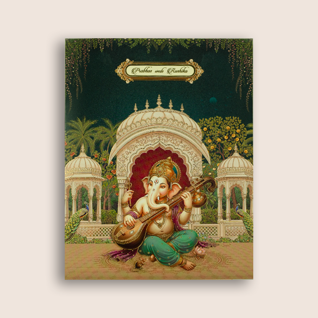 Green Lord Ganesha Floral Padded Wedding Card - KAA05560