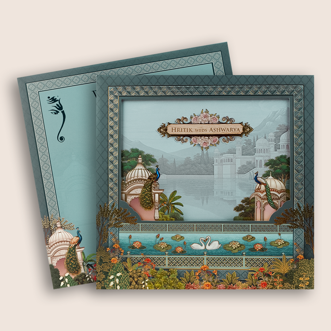 Blue Padded  Peacock Floral Wedding Card - KSH18620