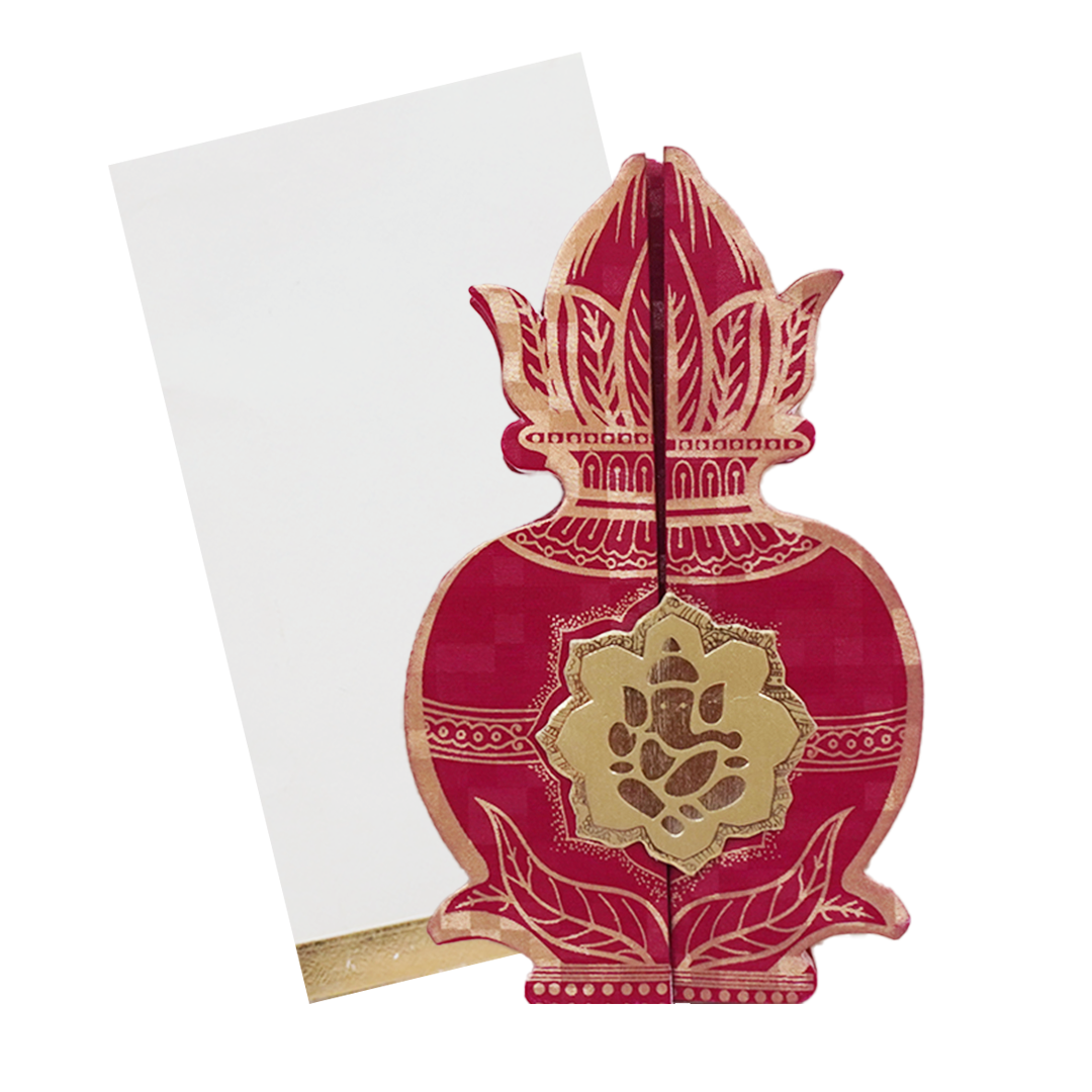 Red Gold Lotus Kalash Wedding Card KNHM810R