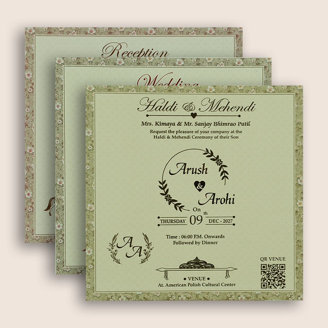Pale Green Floral Padded Door Style Wedding Invitation - KSH18690