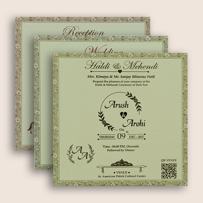 Pale Green Floral Padded Door Style Wedding Invitation - KSH18690