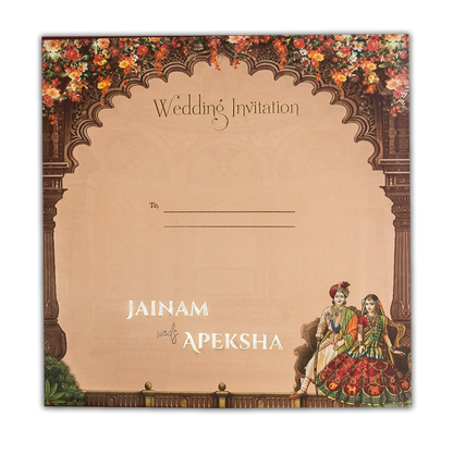 Brown Royal Couple Palace Padded Wedding Card-KSH72630