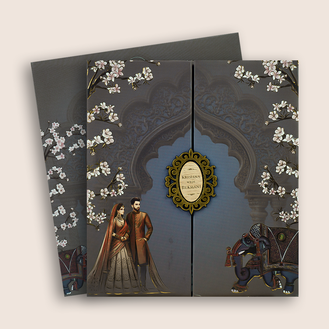 Grey Floral Padded Door Style Wedding Card - KJTS1937