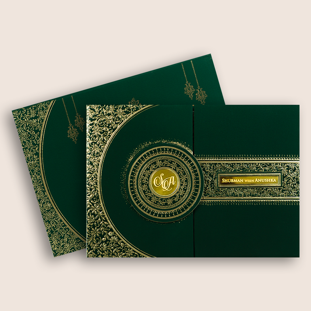 Green Embossed Floral Door Style Padded Wedding Card - KRB10471