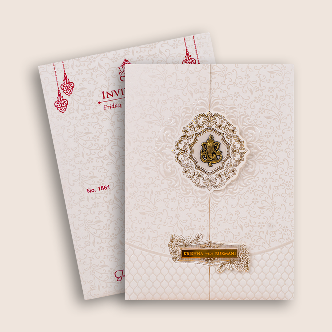 White Embossed Floral Door Style Marriage Card - KJTS1861