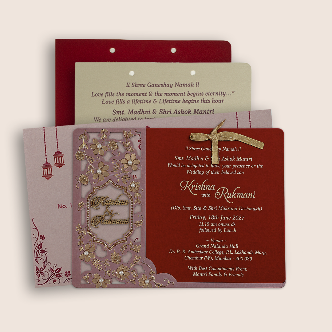 Metallic Pink MDF Floral Laser Cut Wedding Card - KJTS1941