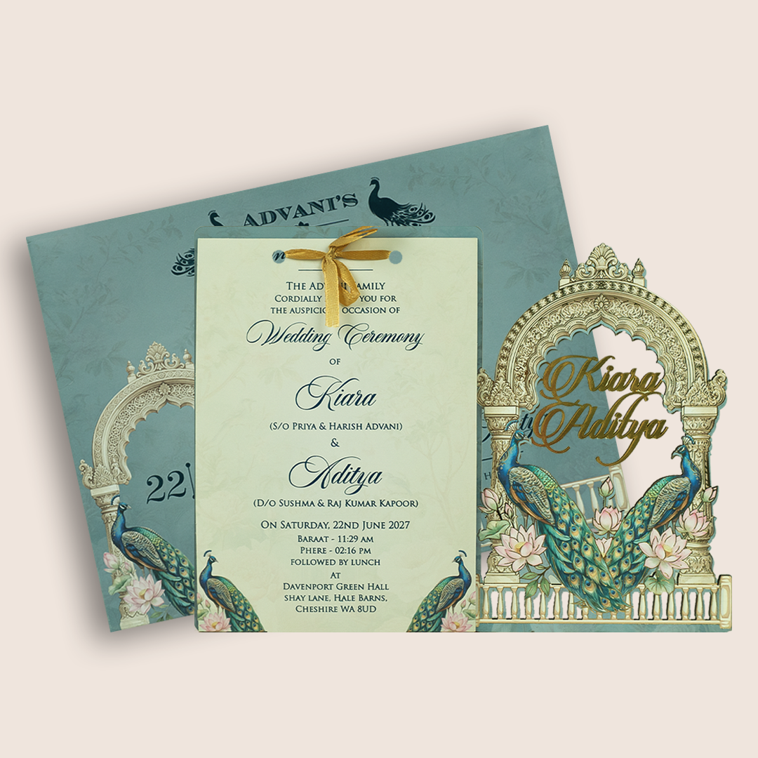 Pastel Blue Peacock MDF Laser Cut Marriage Card - KFR17060