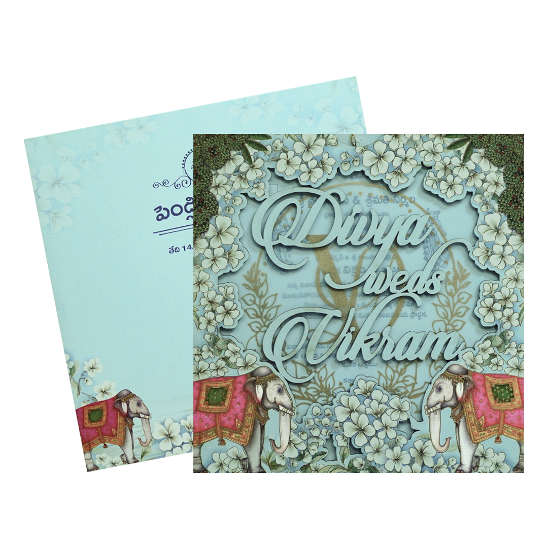 Blue Laser-Cut Floral Elephant Wedding Card - KNPL5805