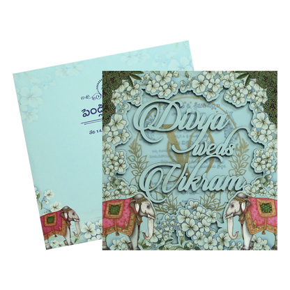 Blue Laser-Cut Floral Elephant Wedding Card - KNPL5805