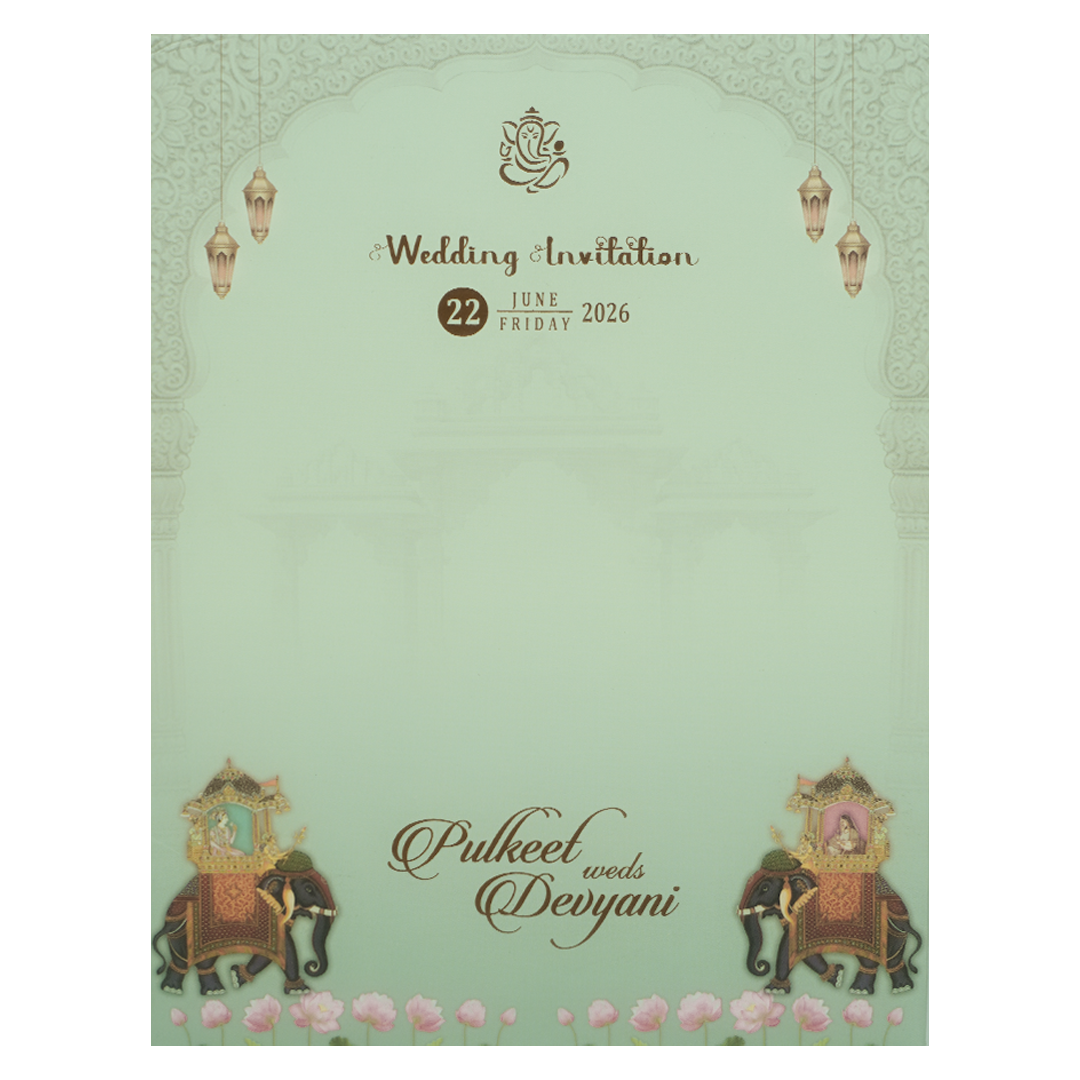 Green Royal Elephant Gatefold Padded Wedding Card-KJTS1834