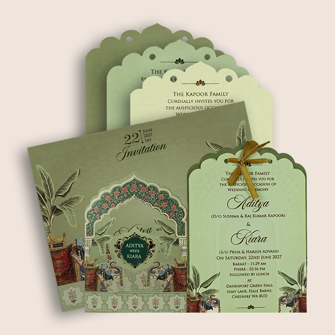 Green Elephant Laser Cut Marriage Invitation - KFR17220