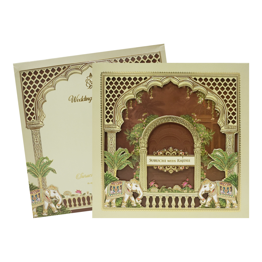 Cream Brown Laser Cut Padded Royal Elephant Arch Wedding Card - KMMEX8050