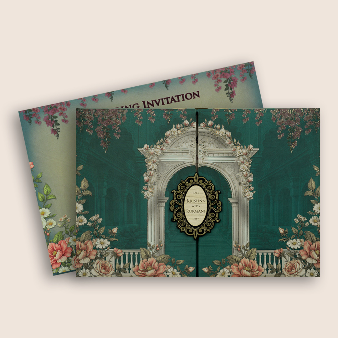 Teal Green Floral Padded Door Style Wedding Card - KJTS1928