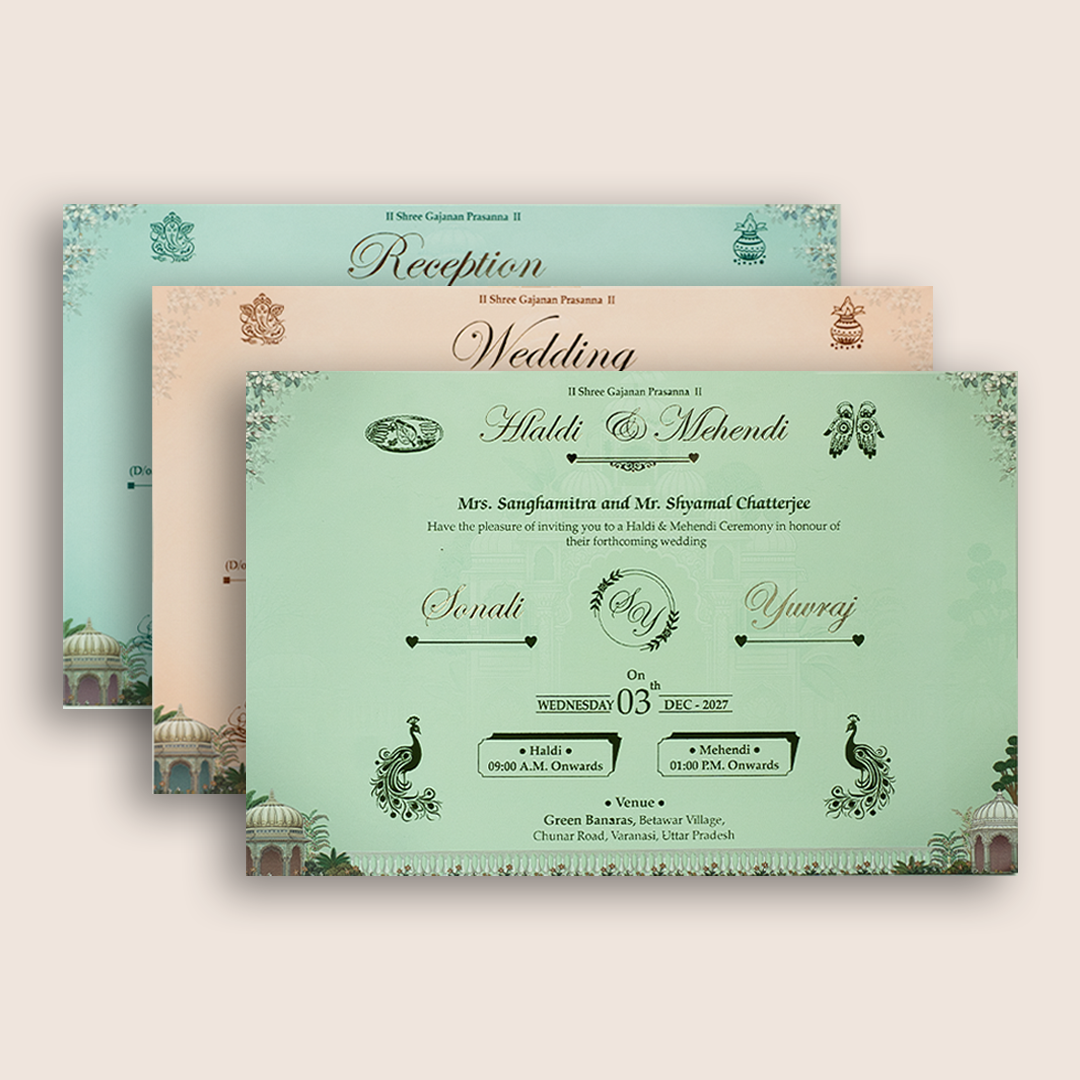 Green Floral Jharokha Palace Padded Wedding Card - KSH18810