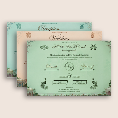 Green Floral Jharokha Palace Padded Wedding Card - KSH18810