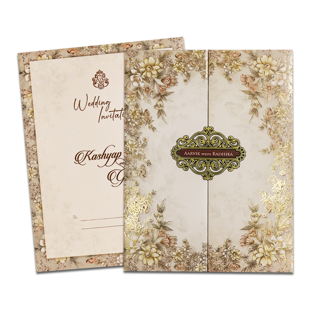 Cream Floral Padded Wedding Card-KSH72430