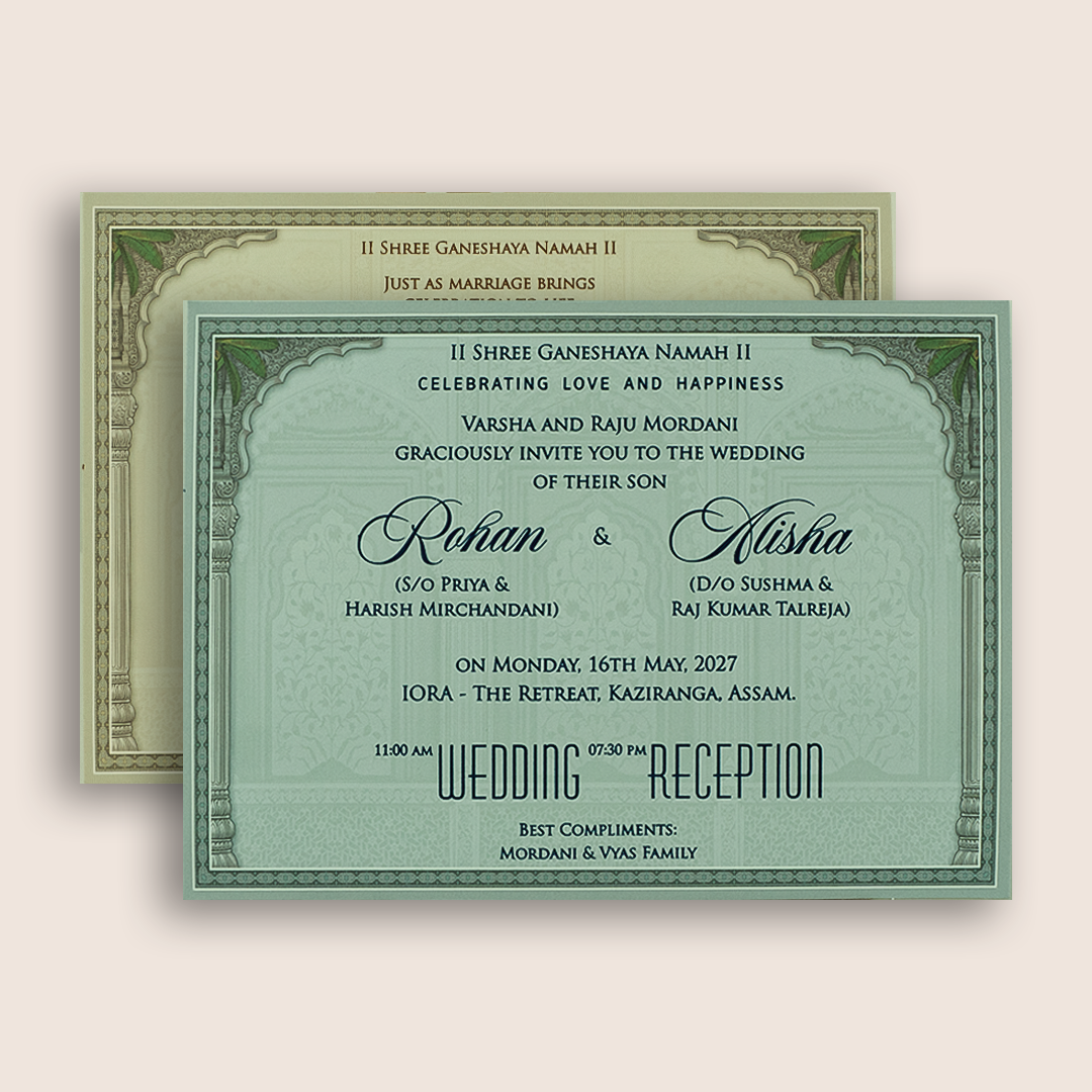 Pale Green Bride Groom Door Style Padded Wedding Card - KFR17360