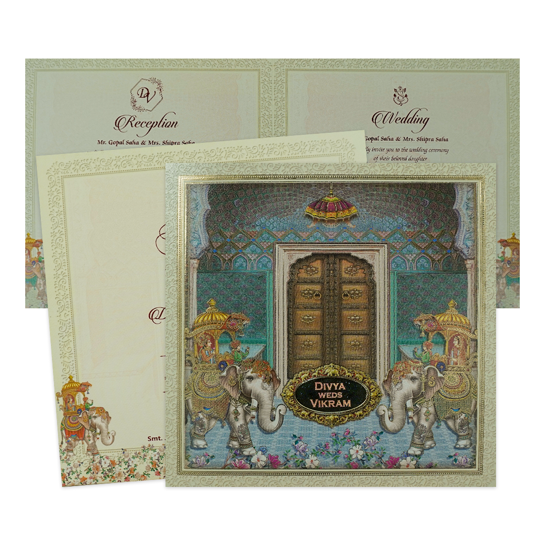 Blue Royal Floral Palace Wedding Card-KNKD8109