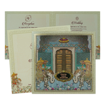 Blue Royal Floral Palace Wedding Card-KNKD8109