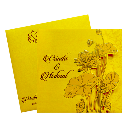 Yellow Lotus Laser Cut Door Style Wedding Card-KPR06120