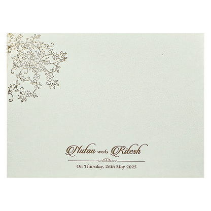 White Gold Floral Door Style Wedding Card - KRE25880