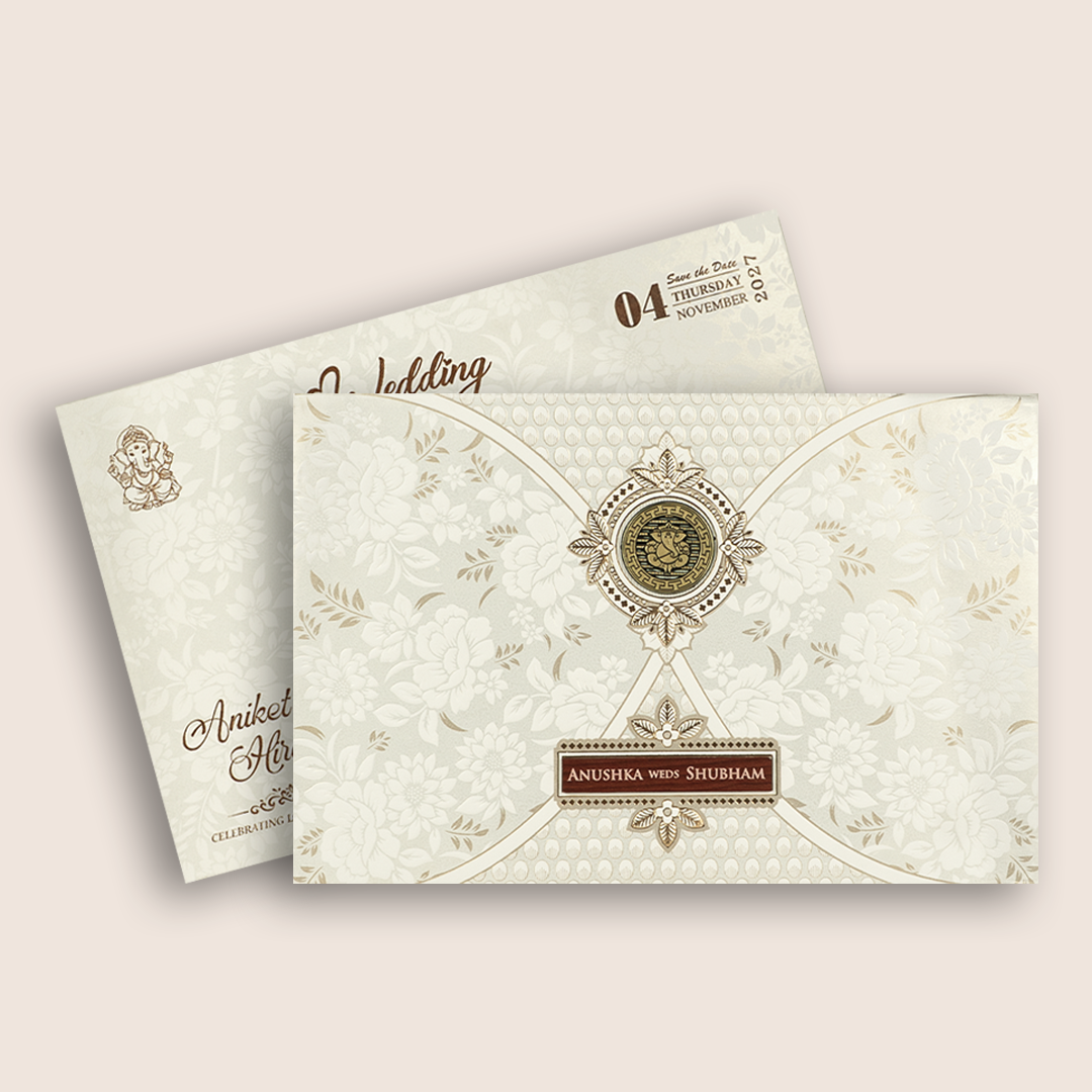 White Embossed Floral Padded Wedding Invitation - KSH73530