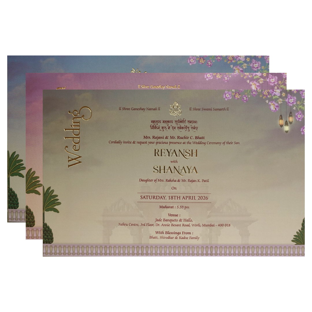 Royal Couple Purple Palace Padded Wedding Card - KVN07740