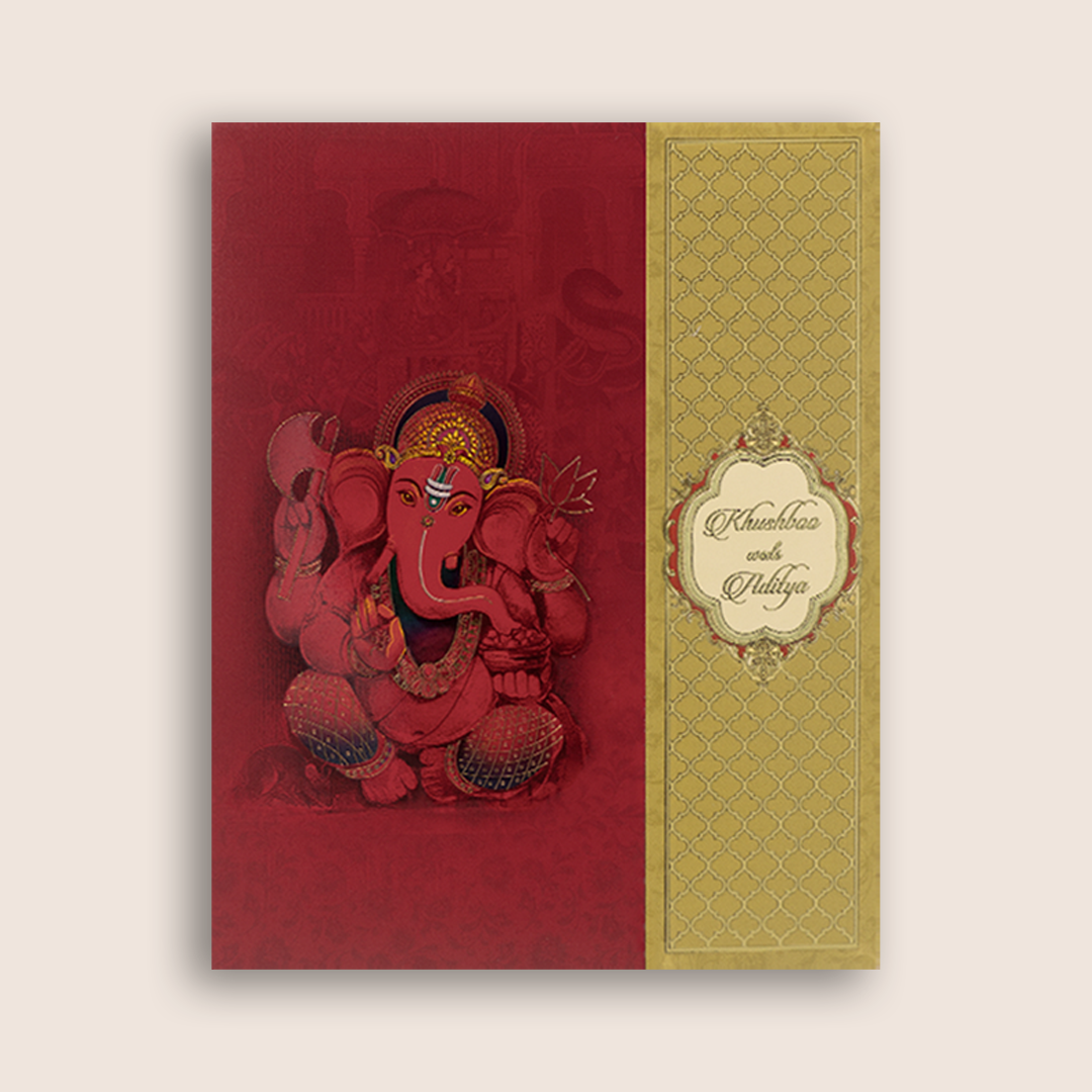 Red Ganesha Padded Door Style Wedding Card - KAA05640