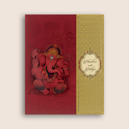 Red Ganesha Padded Door Style Wedding Card - KAA05640