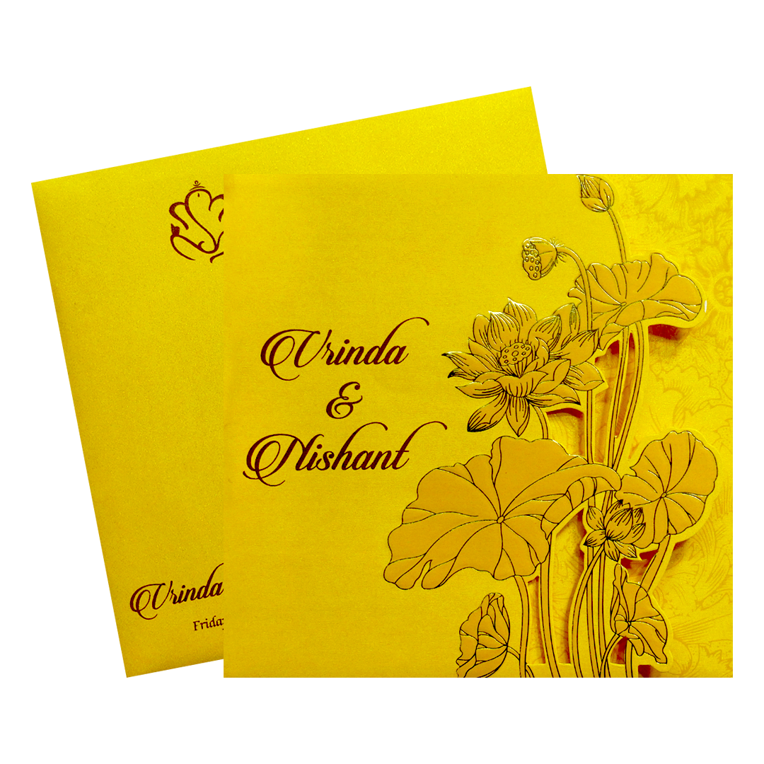 Yellow Lotus Laser Cut Door Style Wedding Card-KPR06120