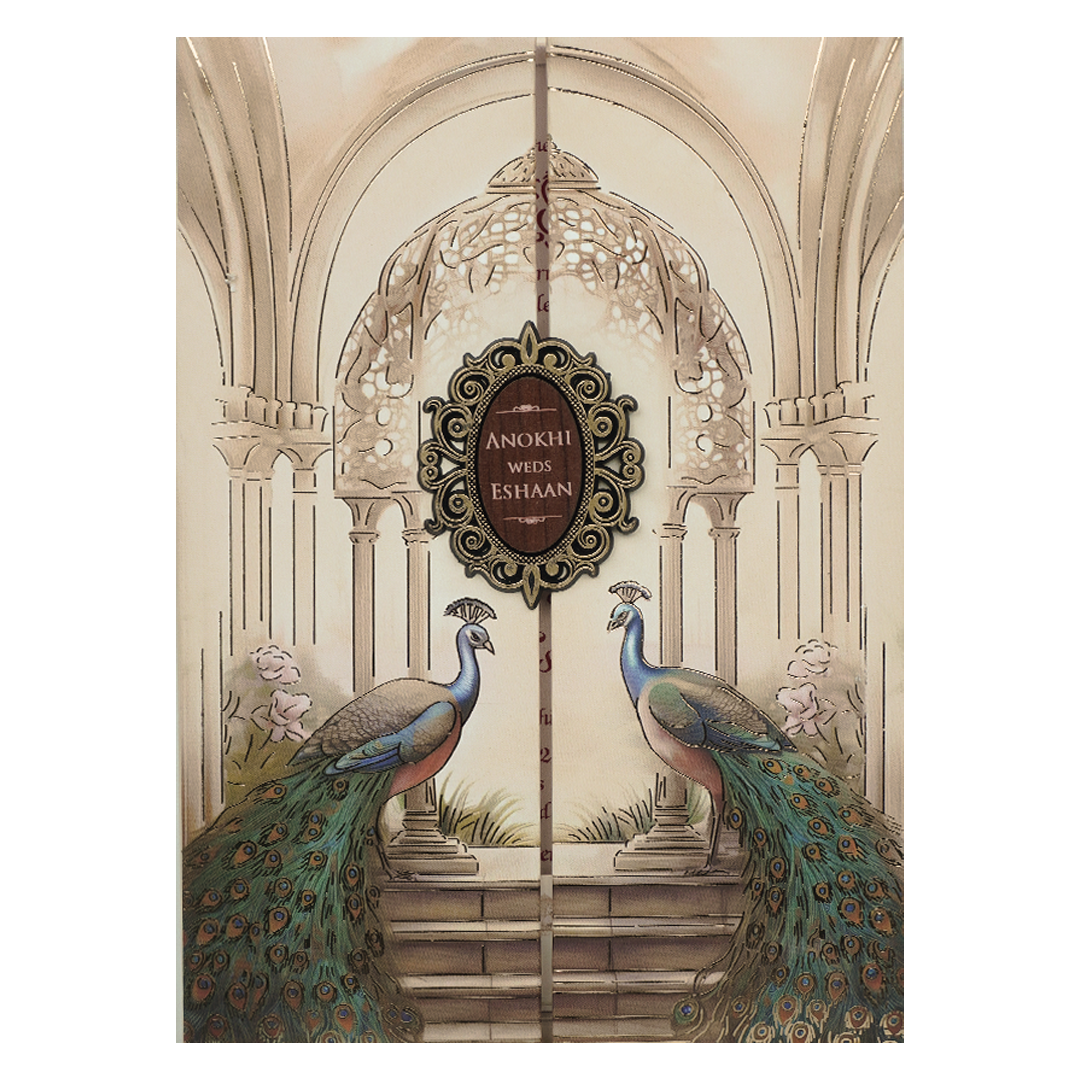 Cream Peacock Arch Luxury Padded Wedding Card-KJTS3677
