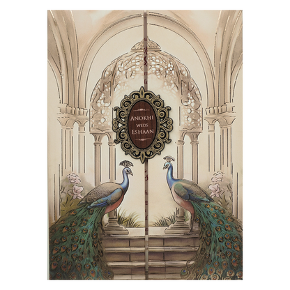 Cream Peacock Arch Luxury Padded Wedding Card-KJTS3677