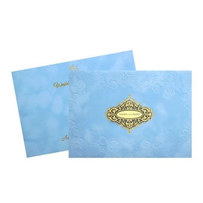 Light Blue Gold ornate Padded Wedding Card -KMMWD1138