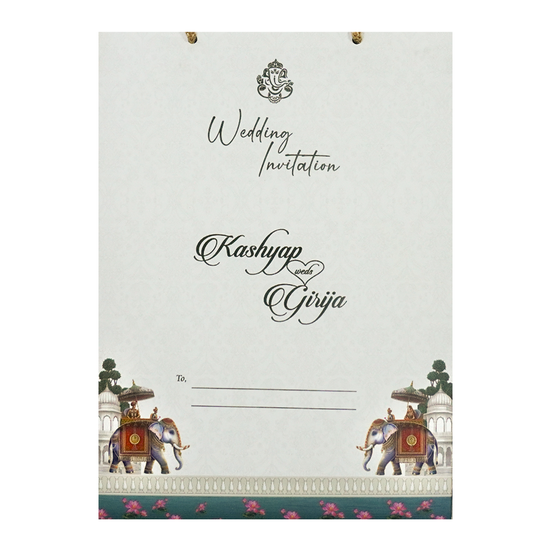 White Royal Elephant Padded Wedding Card-KSH72260