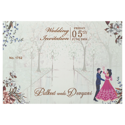 Grey Couple Dance Floral Padded Wedding Card-KJTS1752