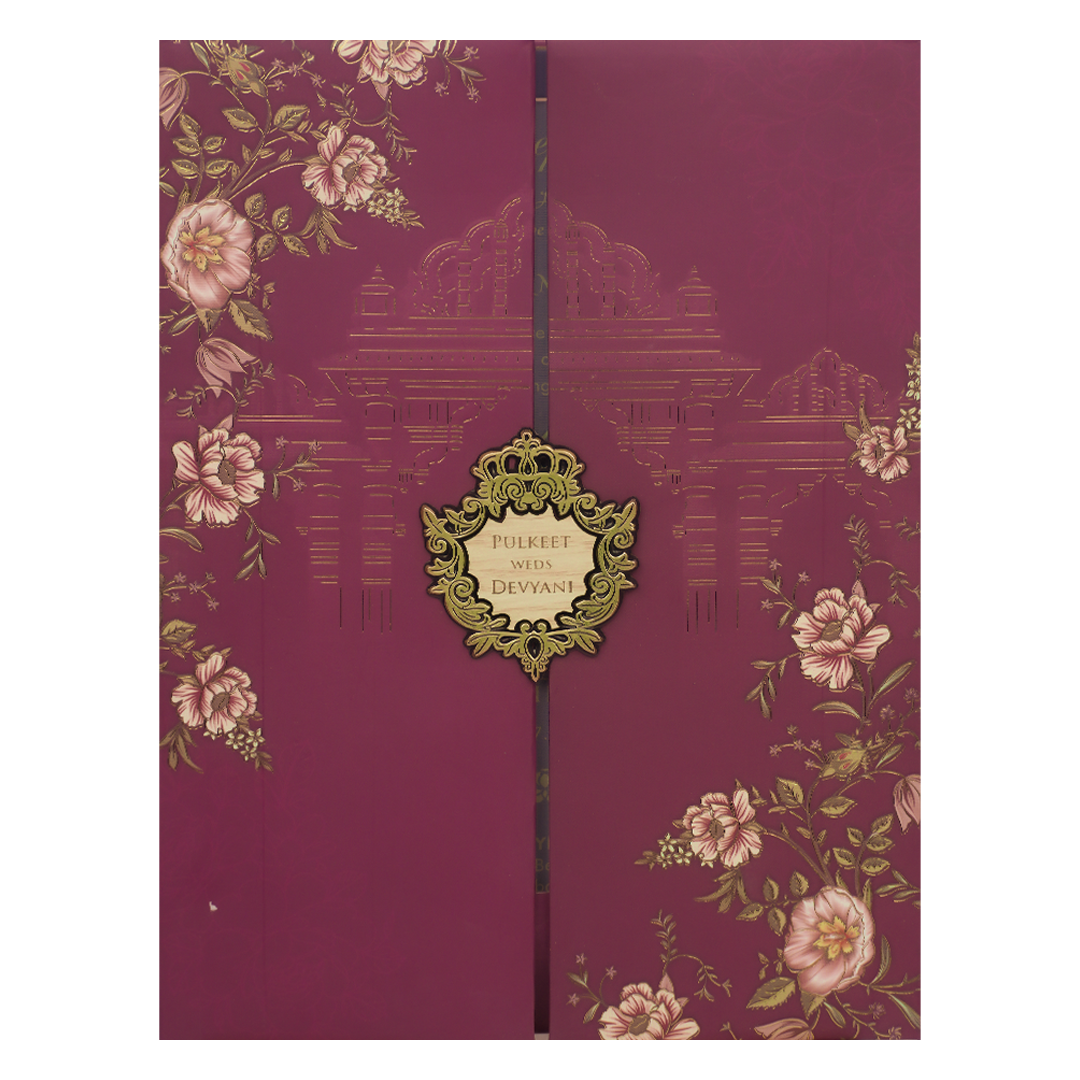 Pink Floral Palace Padded Wedding Card-KJTS1734