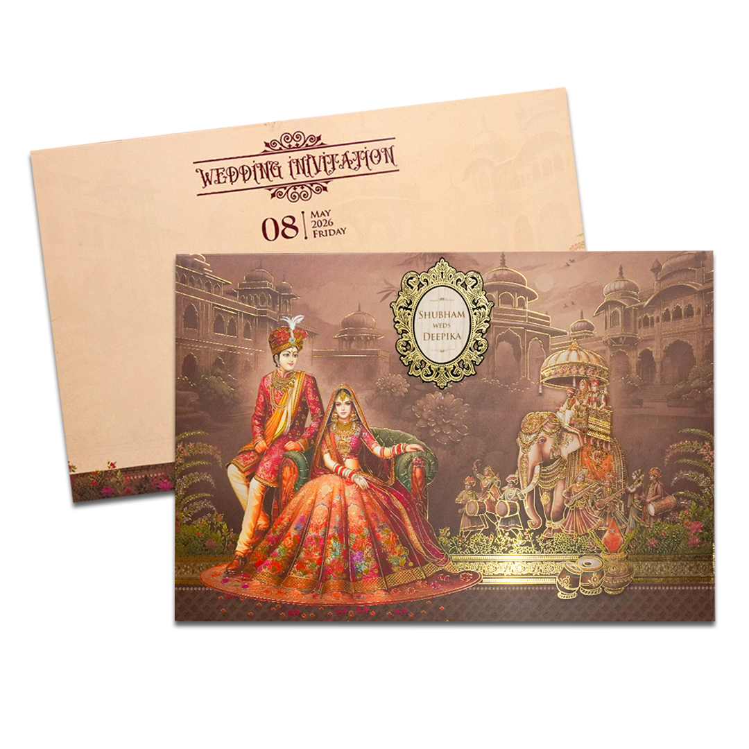 Brown Royal Couple Floral Padded Wedding Card-KSH72050