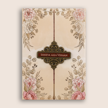 Cream Floral Padded Door Style Marriage Invitation - KVN05650