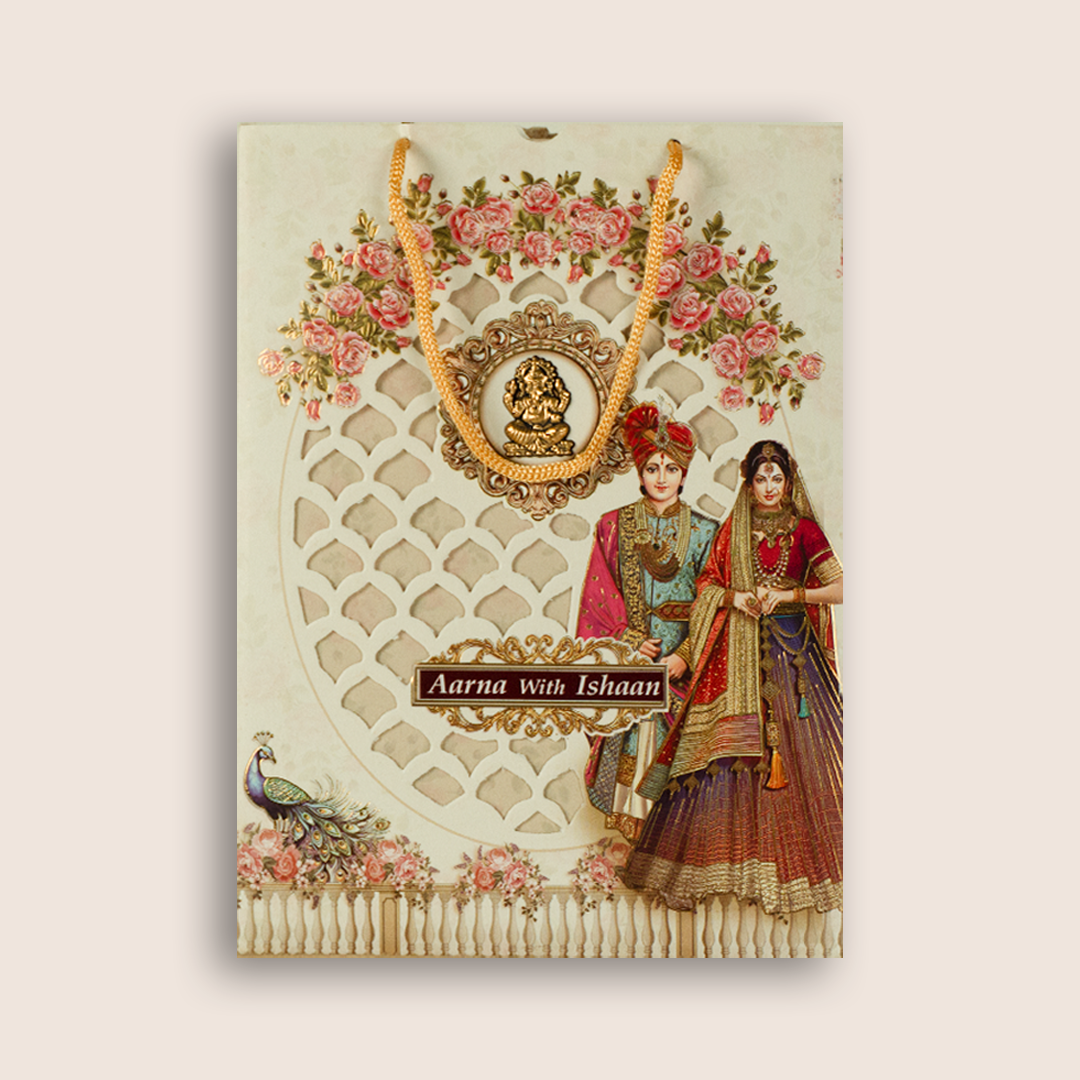 Cream Laser Cut Bride Groom Bag Style Marriage Card - KSH73220